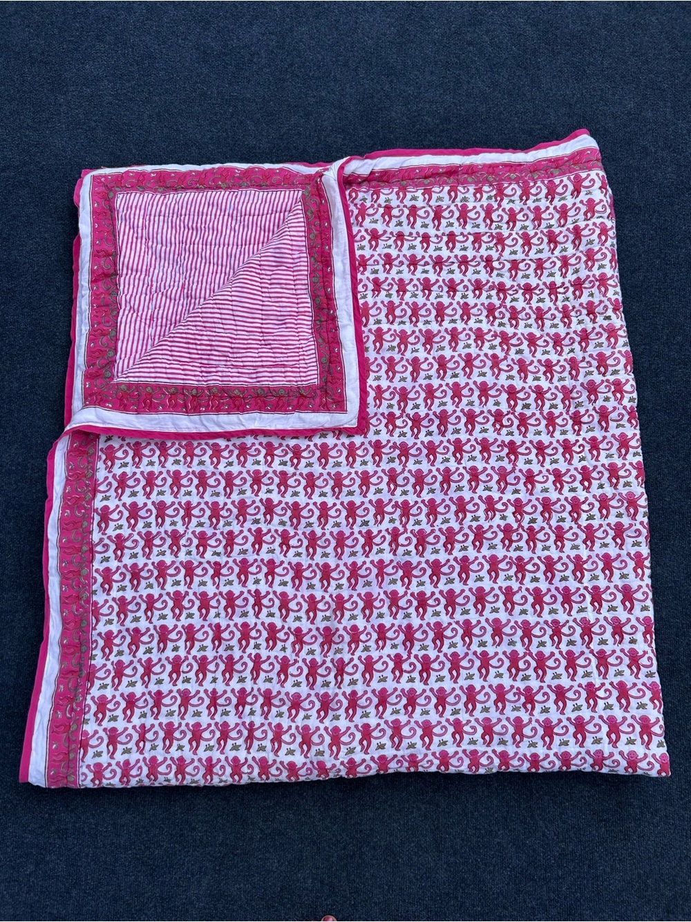 Roberta Roller Rabbit Pink Monkey & Stripe Block Print Cotton Quilt - Full Size - Picture 12 of 14